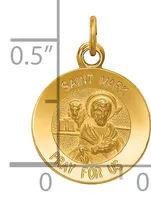 Gold round pendant featuring Saint Mark with a cross, measuring 0.5 inches in diameter, with "Pray for Us" inscribed along the bottom edge.