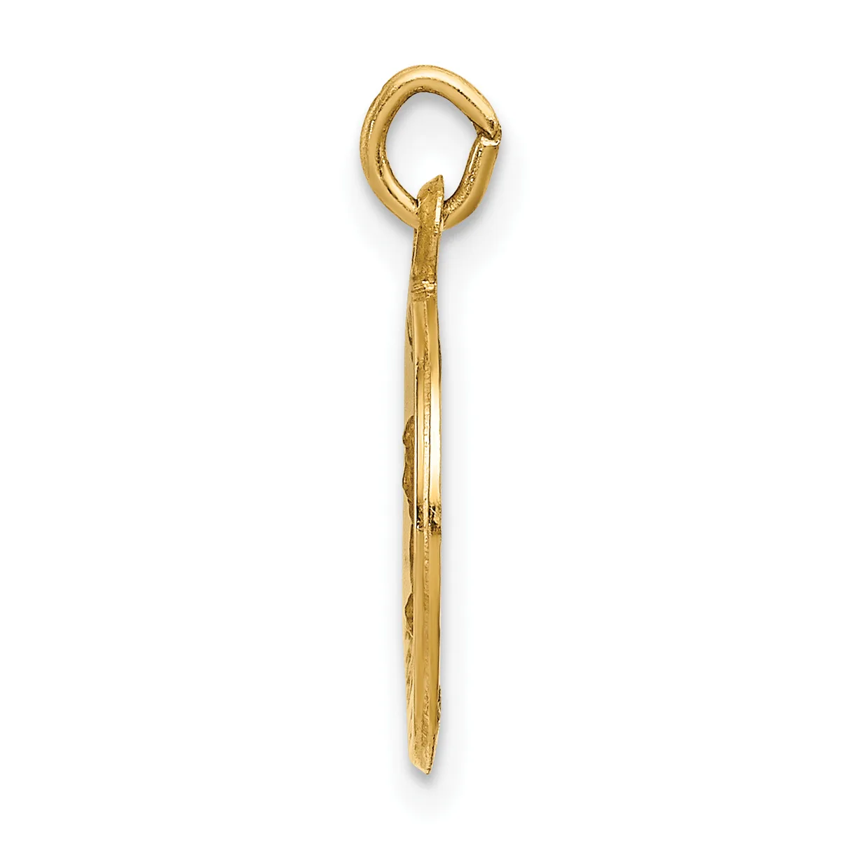 A gold-toned metal eye hook pendant with an elongated shaft and rounded loop at the top, shown against a white background.