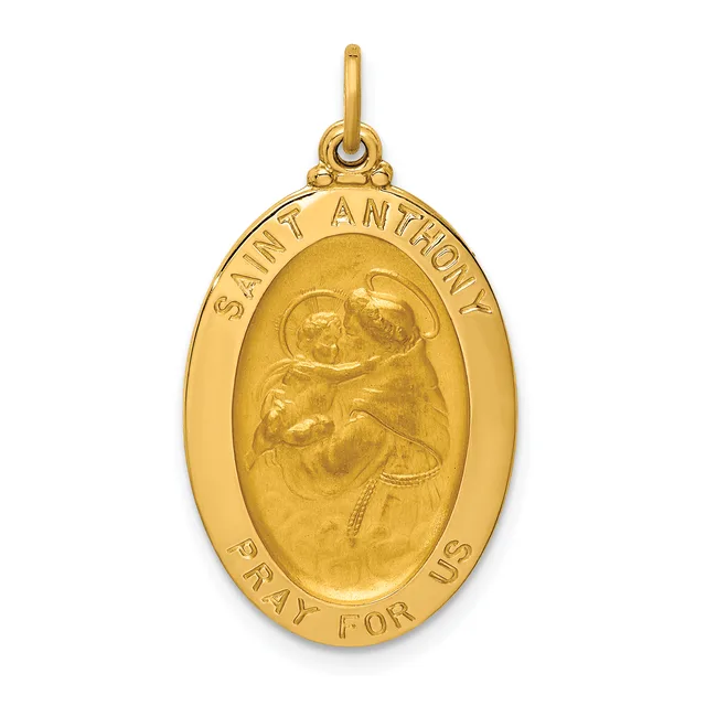 Gold oval pendant featuring Saint Anthony holding a child, with text around the border reading "Saint Anthony" at top and "Pray For Us" at bottom.