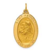 Gold oval pendant featuring Saint Anthony holding a child, with text around the border reading "Saint Anthony" at top and "Pray For Us" at bottom.