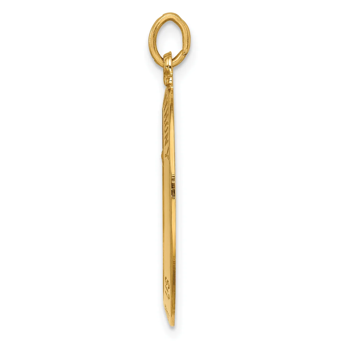 A long, thin gold pendant with an oval loop at the top and a pointed tapered bottom, featuring decorative etched details along the shaft.