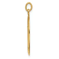 A long, thin gold pendant with an oval loop at the top and a pointed tapered bottom, featuring decorative etched details along the shaft.