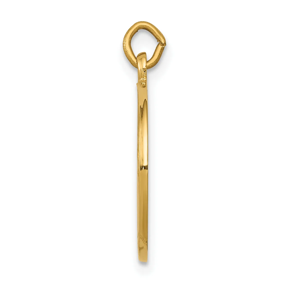 A polished gold-toned metal pendant with an oval loop at the top and a long cylindrical shaft tapering slightly toward the bottom.