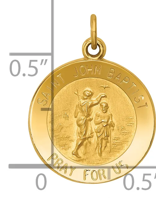 Gold-colored round medal pendant with Saint John the Baptist image in center, suspended from a loop, shown next to a ruler indicating approximately half-inch diameter.