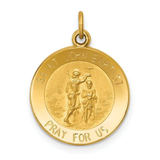 Gold round pendant featuring Saint John the Baptist with a child, inscribed "Saint John Baptist" at top and "Pray for Us" at bottom, with a small loop at the top for hanging.