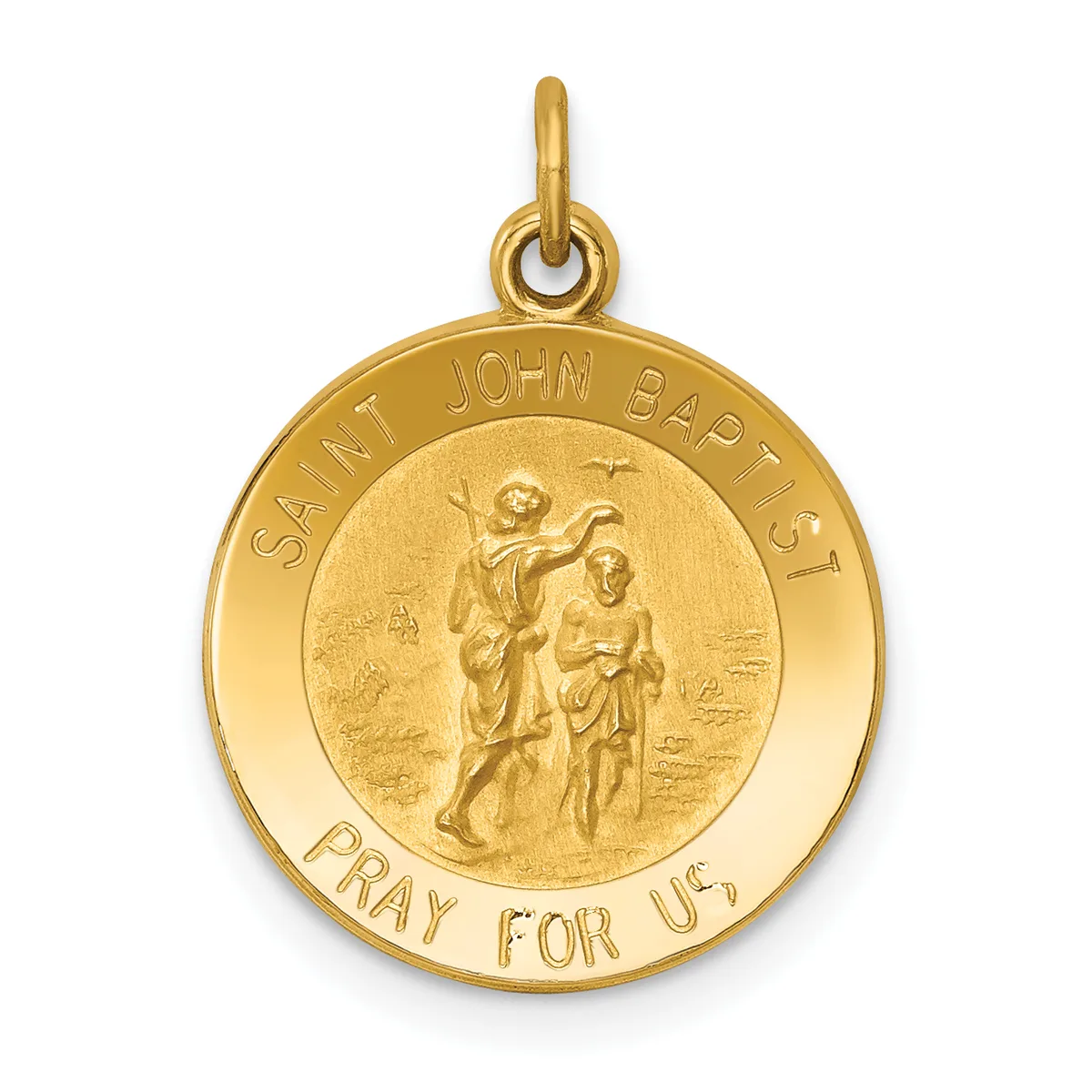 Gold round pendant featuring Saint John the Baptist with a child, inscribed "Saint John Baptist" at top and "Pray for Us" at bottom, with a small loop at the top for hanging.
