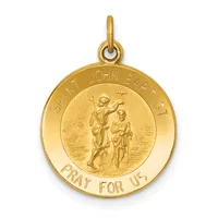Gold round pendant featuring Saint John the Baptist with a child, inscribed "Saint John Baptist" at top and "Pray for Us" at bottom, with a small loop at the top for hanging.