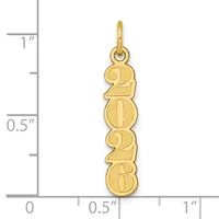 A gold vertical pendant charm stamped with the year 2024, displayed against a measurement scale showing approximately one inch in height.