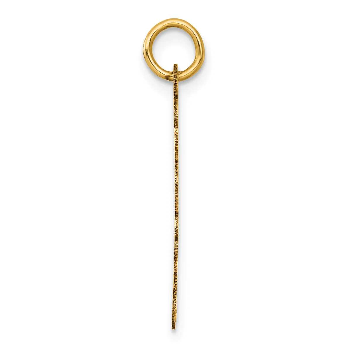 A long gold chain with a textured surface attached to a polished gold ring at the top, displayed vertically against a white background.