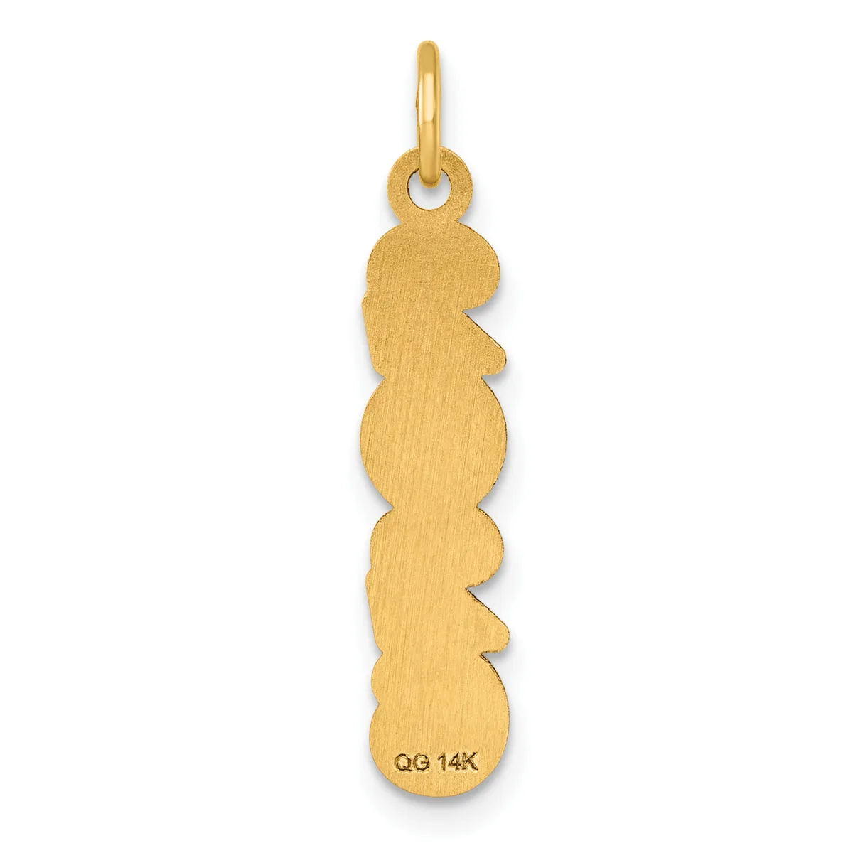 A vertical gold pendant with a brushed finish featuring an undulating wavy outline, suspended from a loop at the top, with a small stamped hallmark at the base.