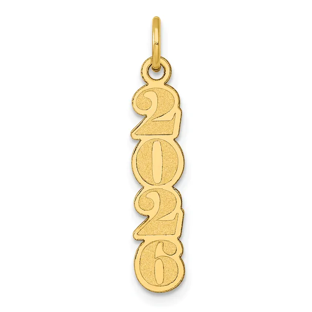 A gold pendant charm displaying the year 2020 in stacked numerals with decorative flourishes, suspended from a small loop.