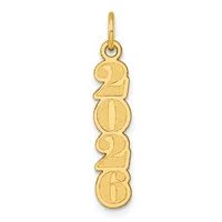 A gold pendant charm displaying the year 2020 in stacked numerals with decorative flourishes, suspended from a small loop.