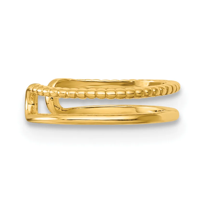 A gold-toned hinged bangle bracelet with a textured twisted pattern on the upper half and smooth polished surface on the lower half, shown open against a white background.