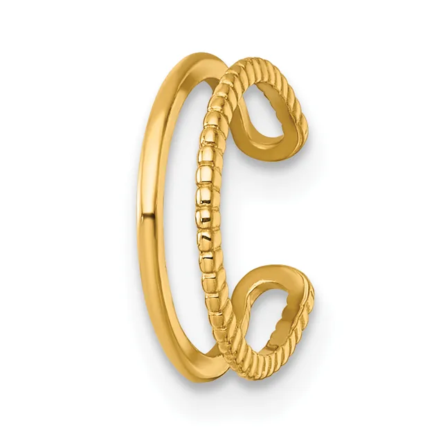 Two gold bracelets, one smooth and polished, one with a rope texture, displayed interlinked together.