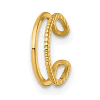 Two gold bracelets, one smooth and polished, one with a rope texture, displayed interlinked together.
