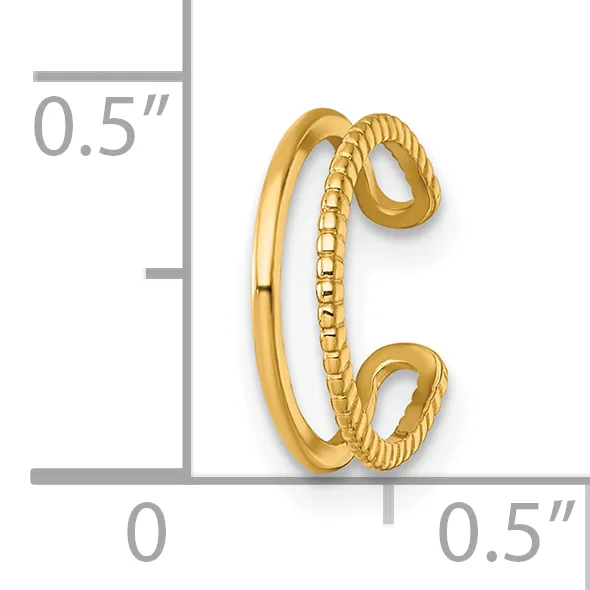 Two gold cuff bracelets with textured and smooth finishes displayed against a measurement scale showing 0.5 inches in height and width.
