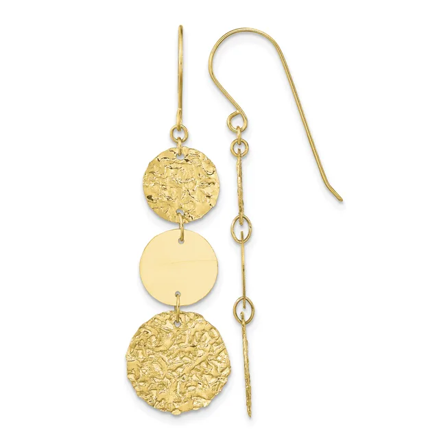 A pair of gold drop earrings with textured circular discs alternating with smooth circular discs, suspended from curved ear wires.