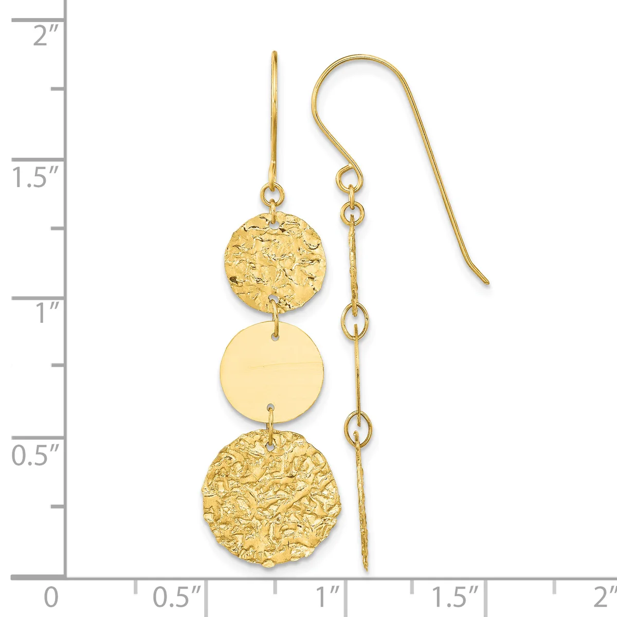 Pair of gold-colored dangle earrings with textured circular discs alternating with smooth flat circles, displayed on a ruler showing approximately two inches in length.