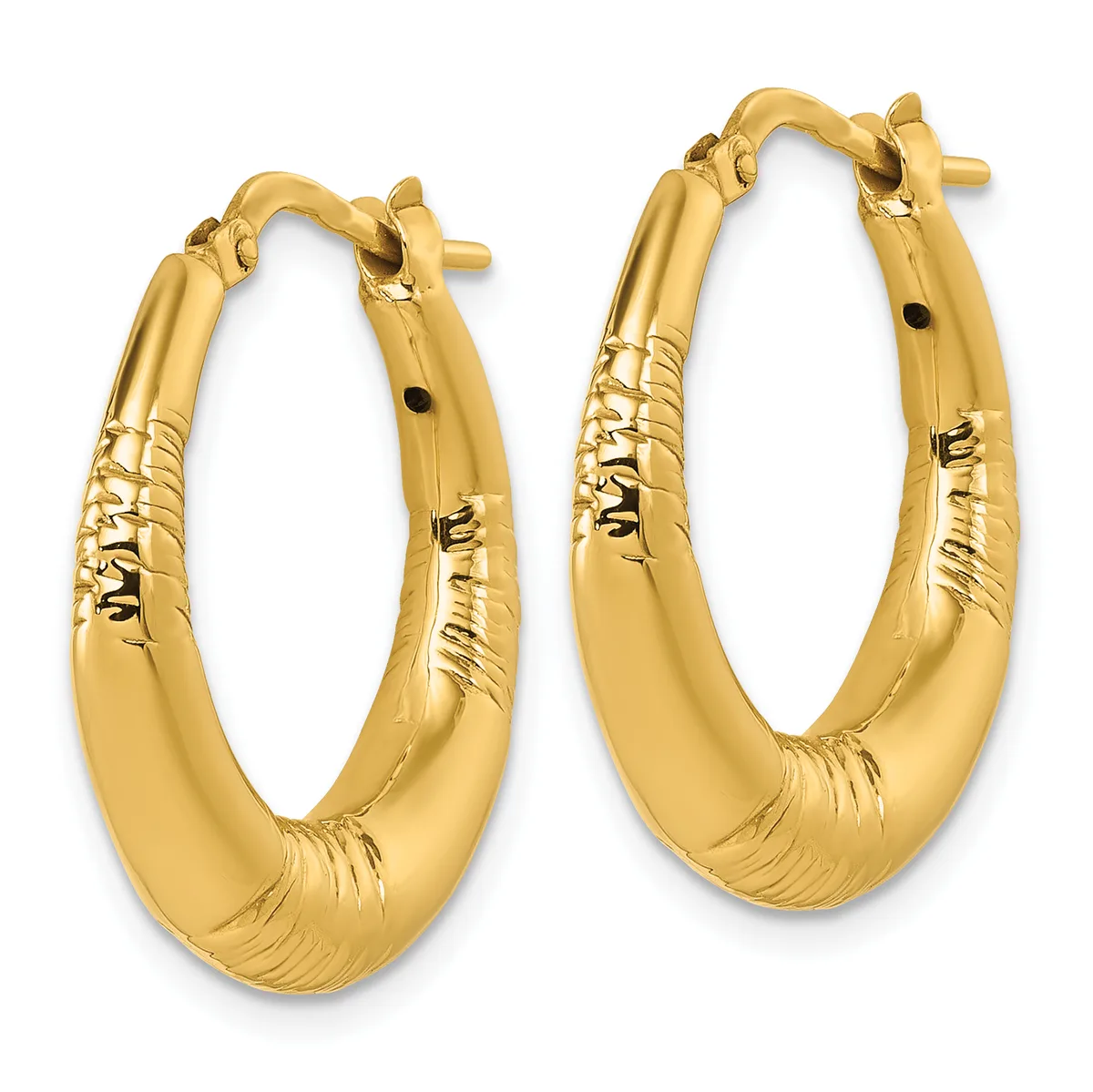 A pair of gold hoop earrings with a polished upper section and textured lower section, displayed against a white background.