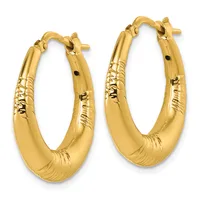A pair of gold hoop earrings with a polished upper section and textured lower section, displayed against a white background.