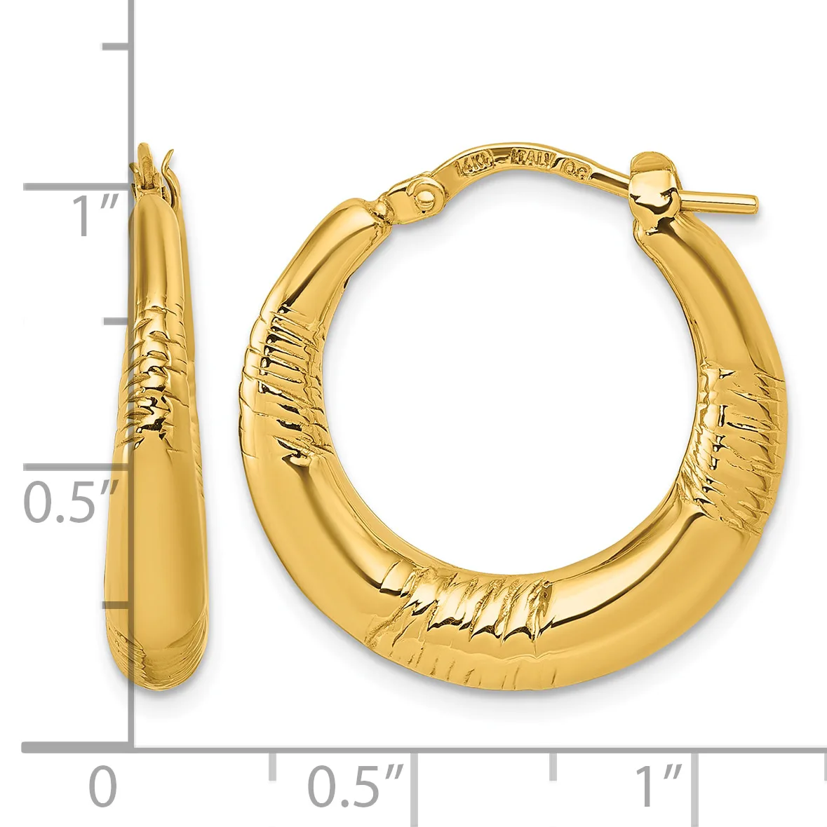 Gold hoop earrings with textured surface detail shown next to a ruler indicating approximately one inch in length.