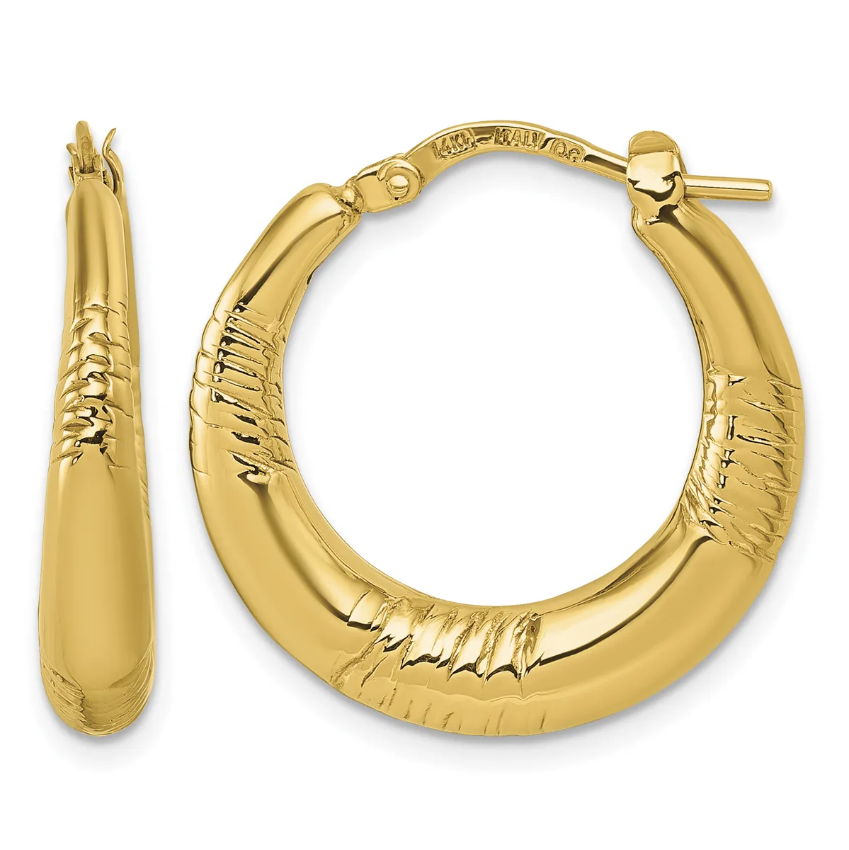 A pair of polished gold hoop earrings with a textured surface pattern, shown from the front and side view with post and clutch closures.