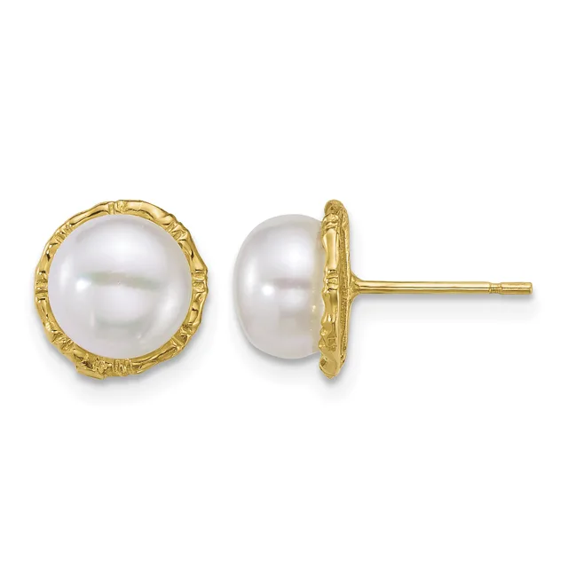 A pair of gold stud earrings with white pearl centers surrounded by textured gold bezels, shown from front and side views.
