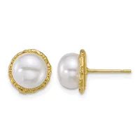 A pair of gold stud earrings with white pearl centers surrounded by textured gold bezels, shown from front and side views.