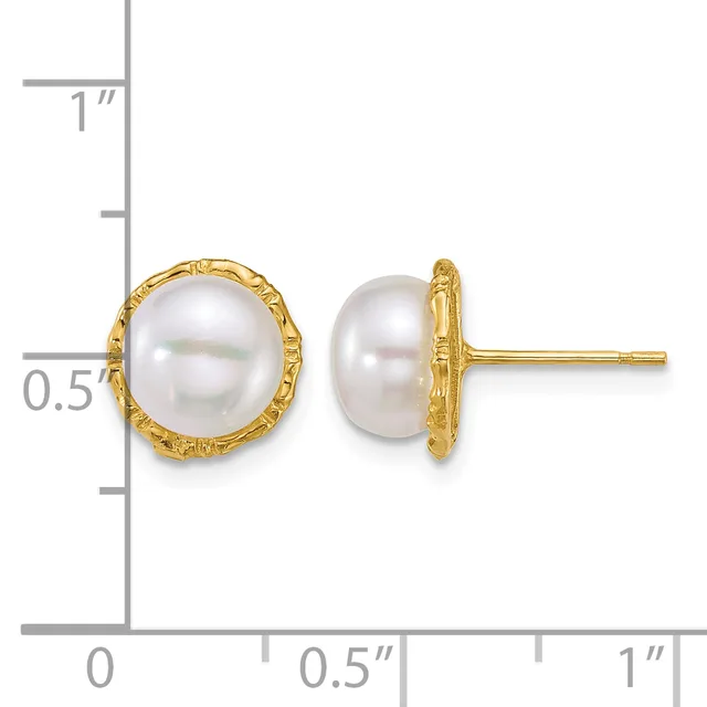 A pair of white pearl stud earrings with decorative gold settings, displayed next to a ruler showing the earrings are approximately half an inch in diameter.