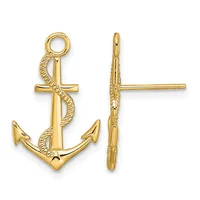 A gold anchor charm with rope detailing shown from front and side views, featuring a loop at the top for attachment.