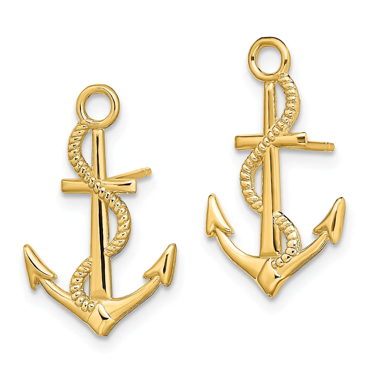 Two gold anchor charms with rope-textured details and attachment loops, shown from the front.