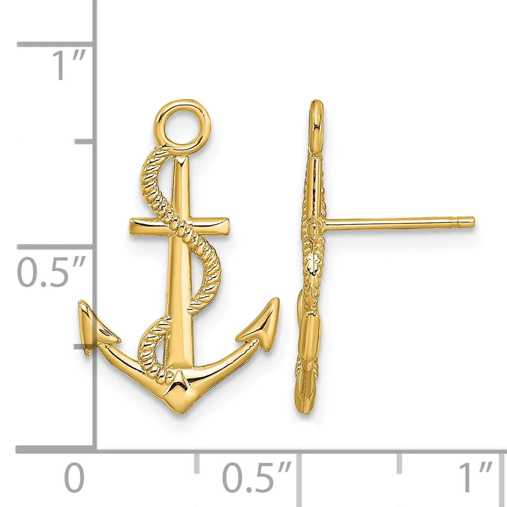 Two gold-toned anchor charms with twisted rope detailing shown next to a ruler measuring approximately one inch in height.