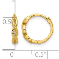 Pair of gold hoop earrings with twisted texture and hinged closures, shown with measurement scale indicating approximately 0.5 inches in diameter.
