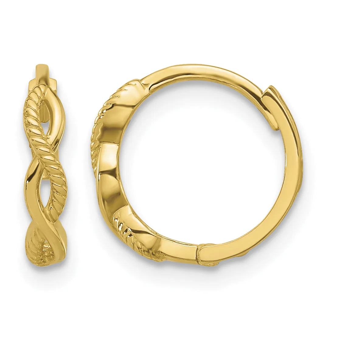 A pair of gold hoop earrings with twisted and textured surface details, shown from front and side views.