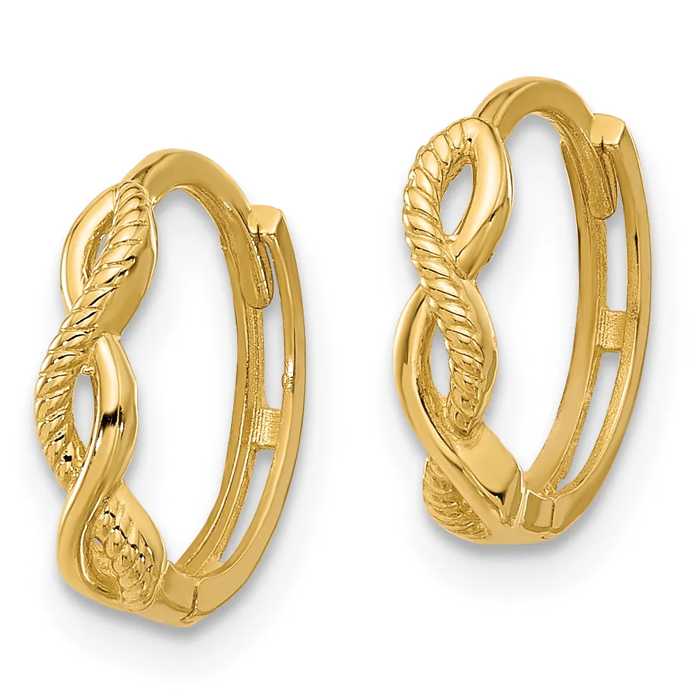 Pair of gold hoop earrings with twisted rope texture detail and hinged closure, shown from front and side angles.