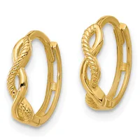 Pair of gold hoop earrings with twisted rope texture detail and hinged closure, shown from front and side angles.