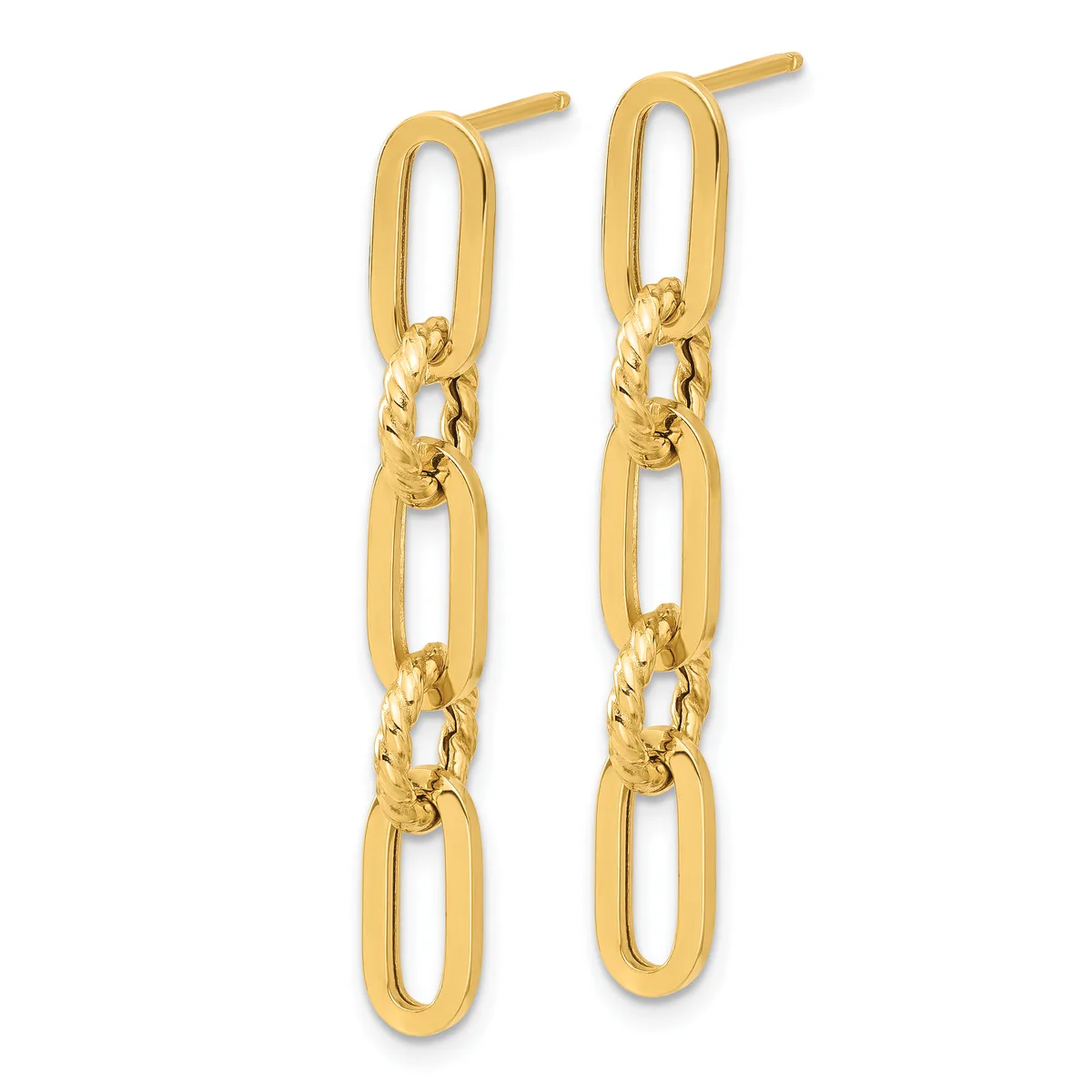 Pair of gold-toned chain link drop earrings with twisted connector links and post backs displayed against a white background.