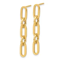 Pair of gold-toned chain link drop earrings with twisted connector links and post backs displayed against a white background.