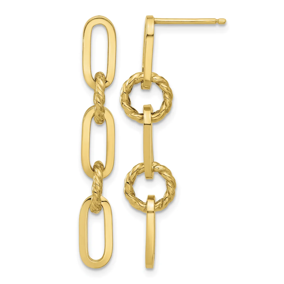 A pair of gold dangle earrings with twisted circular links connected to elongated oval links, shown from the front view.