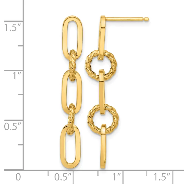 Two gold dangle earrings with elongated oval links alternating with twisted circular connectors, displayed against a measurement scale showing approximately 1.5 inches in length.