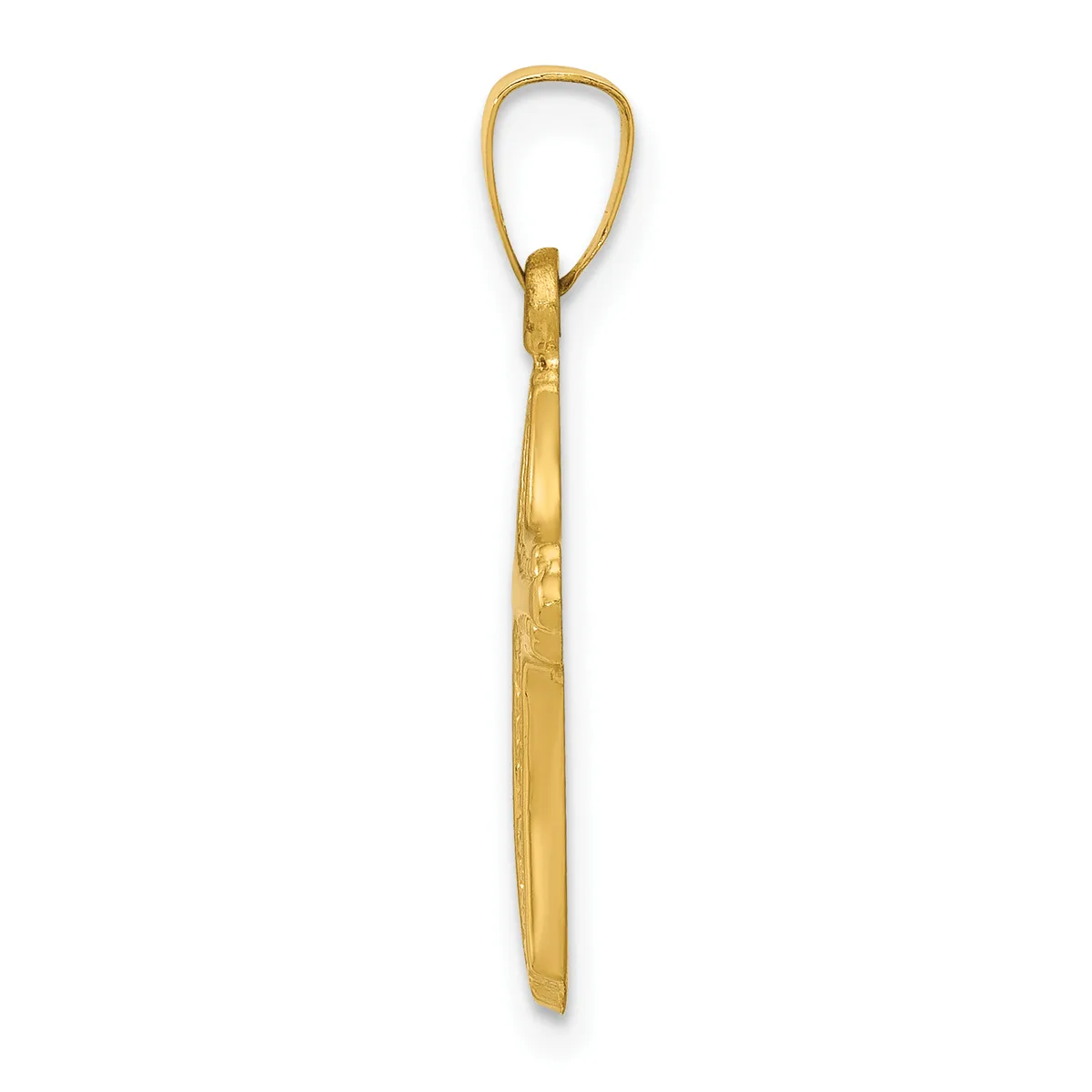 A gold teardrop-shaped pendant with a textured shaft hanging from a loop against a white background.