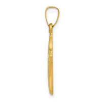 A gold teardrop-shaped pendant with a textured shaft hanging from a loop against a white background.