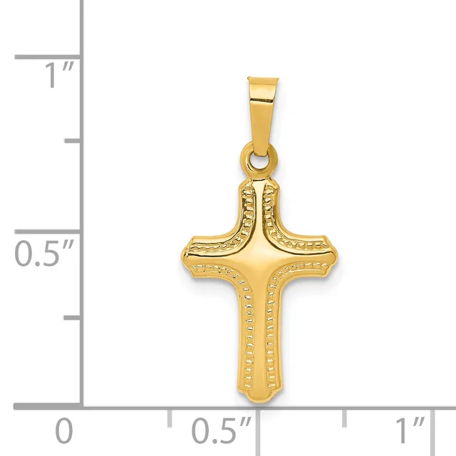 Gold cross pendant with textured curved edges and a small bail loop, shown against a measurement scale indicating approximately 0.75 inches tall and 0.5 inches wide.