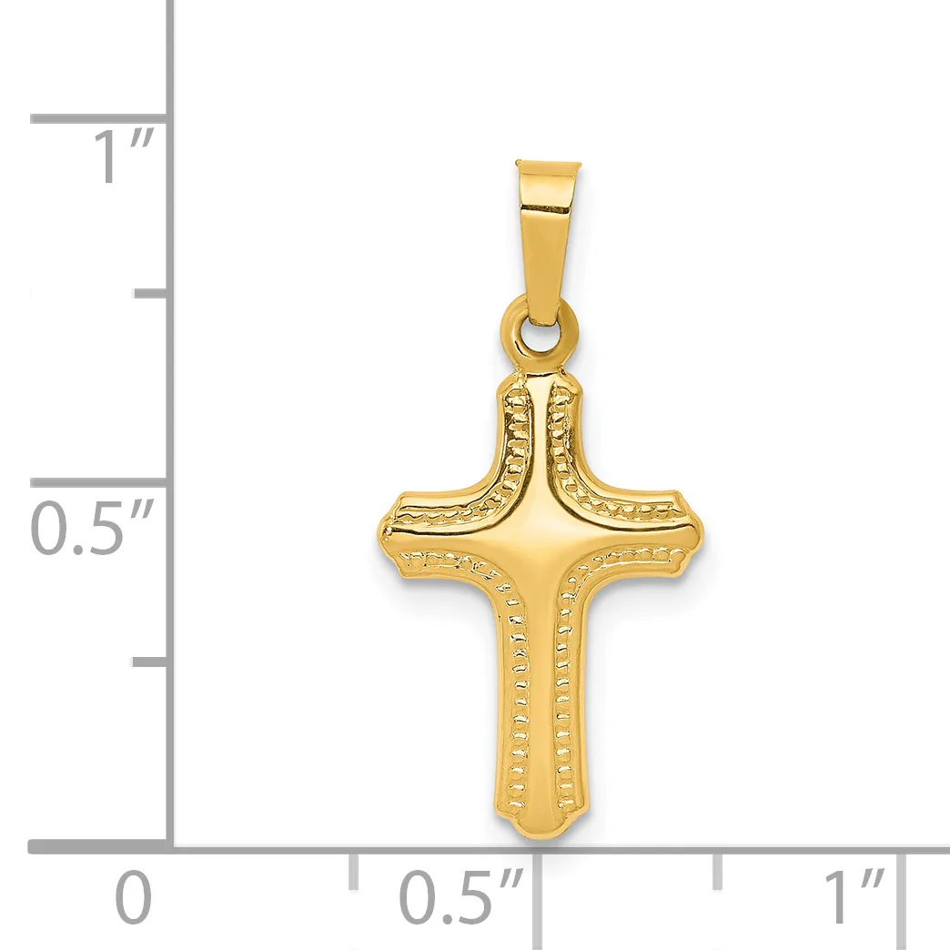 Gold cross pendant with textured curved edges and a small bail loop, shown against a measurement scale indicating approximately 0.75 inches tall and 0.5 inches wide.