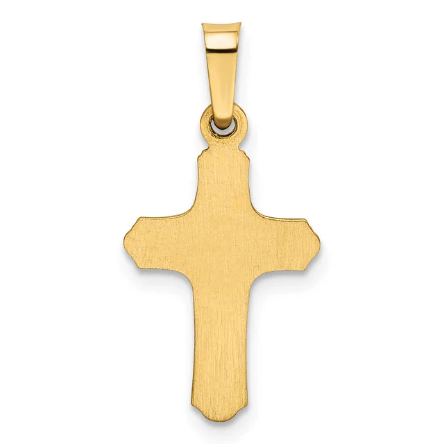 A gold cross pendant with a brushed finish and rounded ends, displayed against a white background with a bail loop at the top.