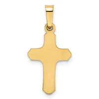 A gold cross pendant with a brushed finish and rounded ends, displayed against a white background with a bail loop at the top.