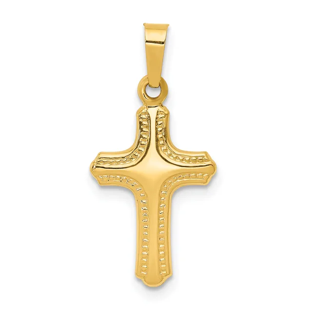 A gold cross pendant with decorative beaded borders along the edges, suspended from a rectangular bail.
