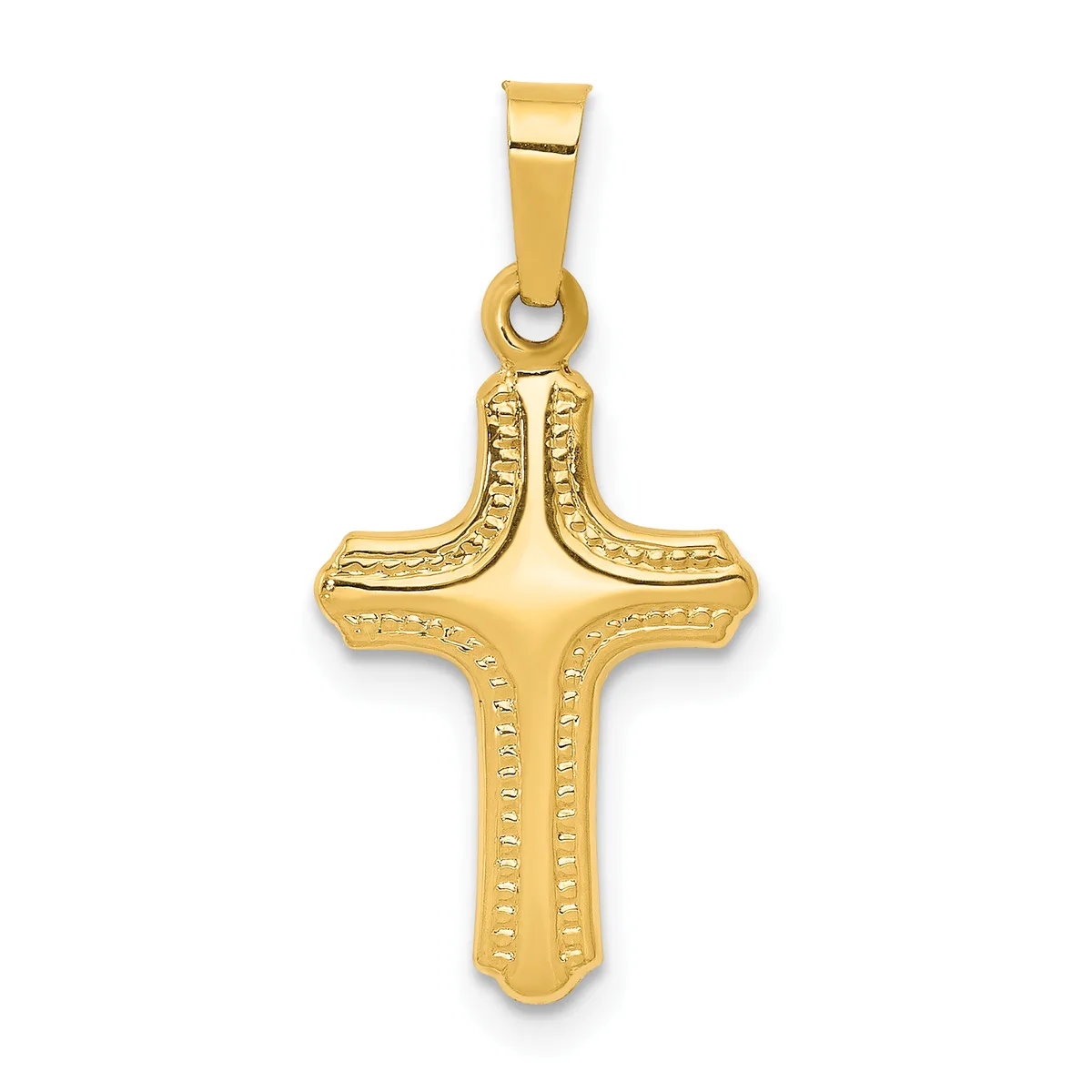 A gold cross pendant with decorative beaded borders along the edges, suspended from a rectangular bail.