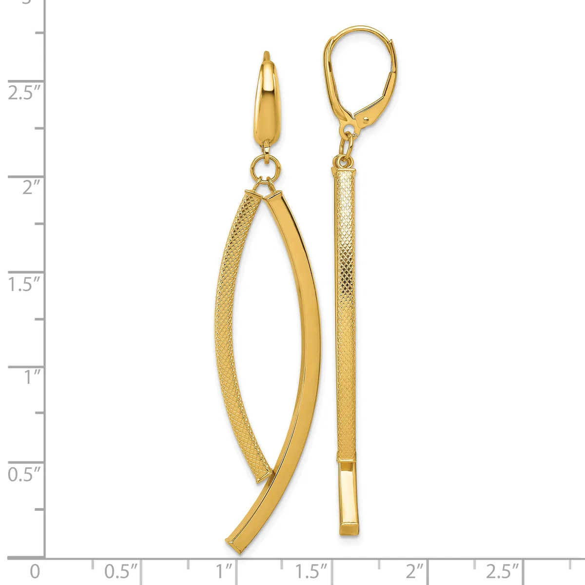 Two gold-toned earrings with leverback closures displayed against a measurement scale: one curved elongated oval design and one straight rectangular bar design, both featuring textured surfaces.
