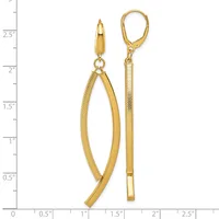 Two gold-toned earrings with leverback closures displayed against a measurement scale: one curved elongated oval design and one straight rectangular bar design, both featuring textured surfaces.